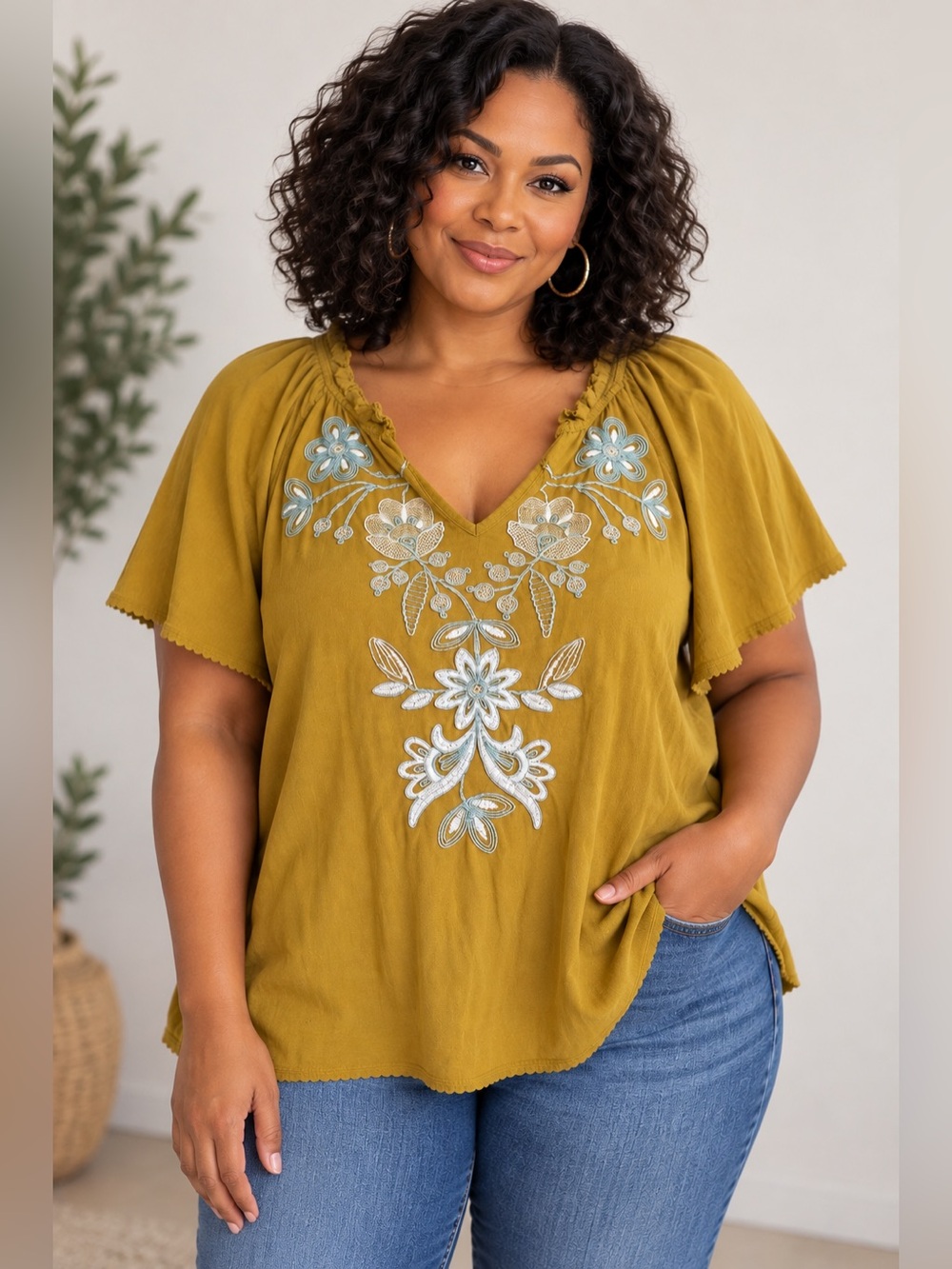 Mustard Gold Embroidered Boho Tunic Top XL